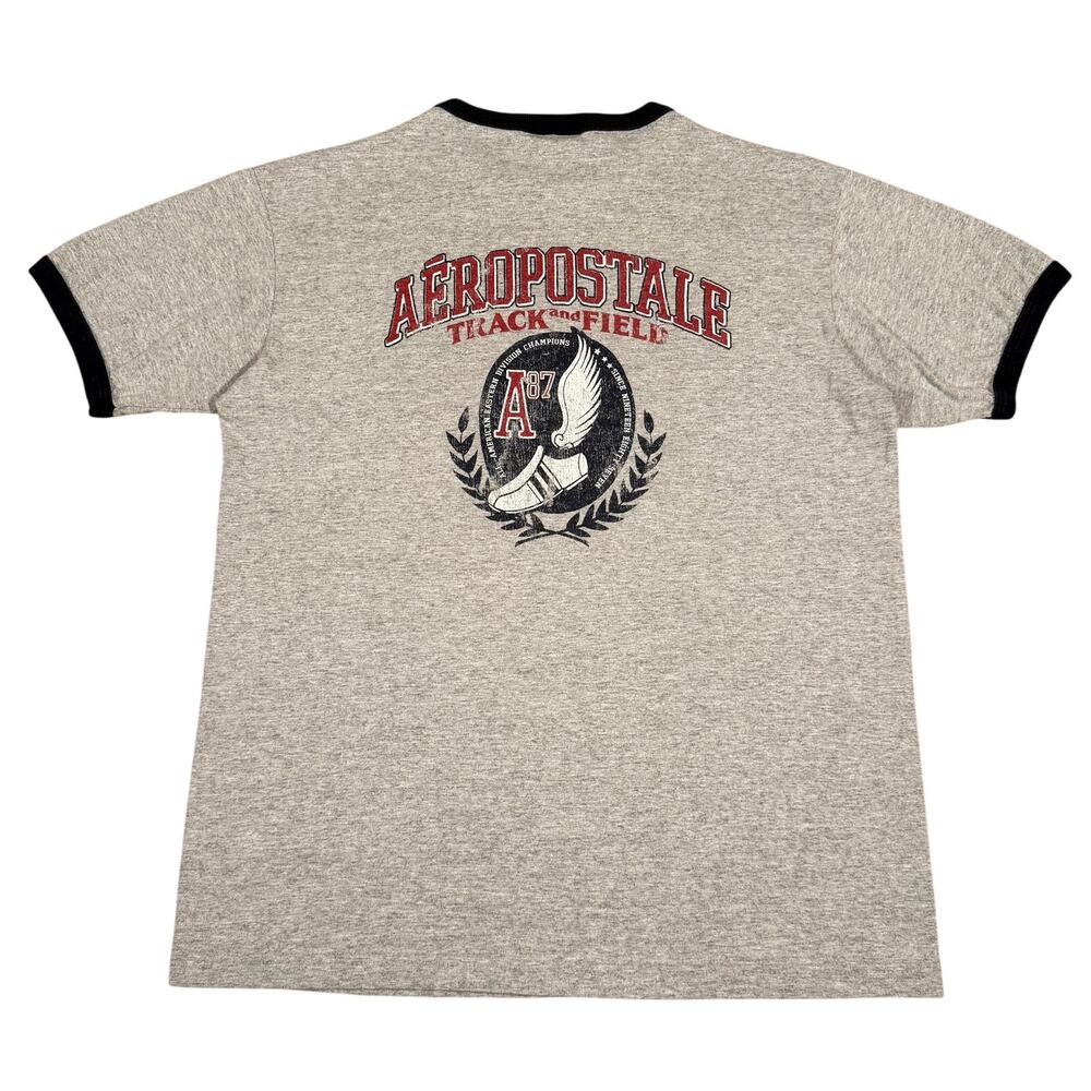 Y2K Aeropostale Ringer T-Shirt Track & Field A87 Logo Gray Black Trim Size M